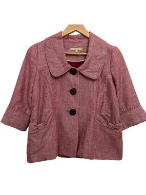 RW&CO 100% linen crop blazer red/pink button up classic style 3/4 sleeves size 6
